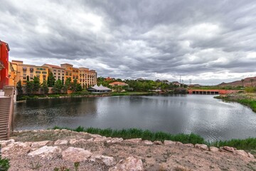 4K Scenic View of Lake Las Vegas with Bridge, Near Las Vegas
