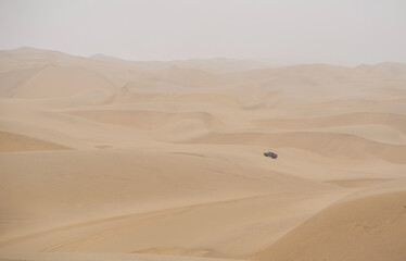 Fototapeta na wymiar Sand dunes in the Namib desert, car in the distance 