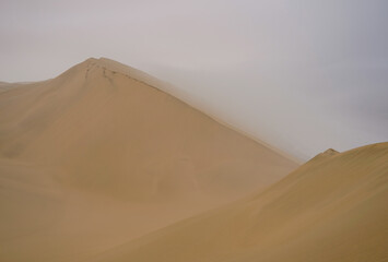 Fototapeta na wymiar Large sand dunes in Namib Desert on cloudy, hazy day 