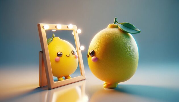 A reflective lemon character looking into a mirror, a playful take on self-reflection and identity