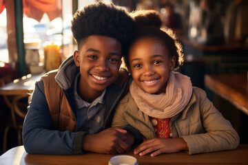 Two African-American school pupil kids children have romantic date in cafe. First mutual love like each other from young years age relationship sensuality tenderness concept. 