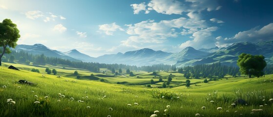 Beautiful scenery of wide open grassland in clear weather with large mountains visible in the distance and clouds