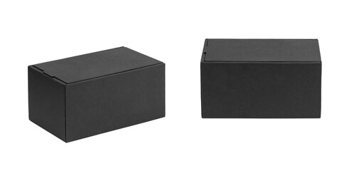 Black cardboard box isolated on white background. Box mockup design.