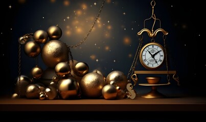 Glamorous New Year Celebration Design , Luxurious Gold and White New Year's Eve Theme ,Gold New Year 2024 background with white lettering and gold balls generative AI