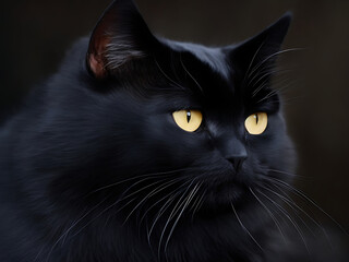 Portrait of a black cat and a dark background.