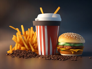 Fast food 3d realistic render vector icon set. Pizza, Tacos, Hamburgers, French Fries, Ramen Noodle Soup, Hot Dogs, Popcorn, Chicken.
