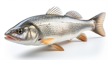 Raw seabass.One fresh sea bass. generative ai fish isolated on white background with clipping path - obrazy, fototapety, plakaty