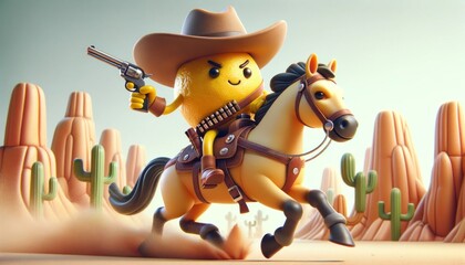 Adventurous lemon character in cowboy attire riding a horse in the wild desert, embodying the spirit of the Wild West