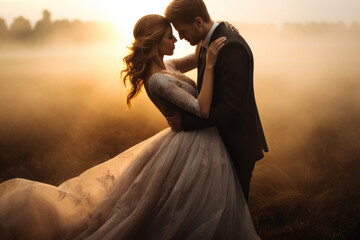 Bride and groom on top of stairs kissing, with romantic emotion, Wedding Impressions, Happy bride and groom on their wedding day.