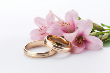 Gold and silver wedding ring on silver background, luxury wedding rings, wedding background concept. Wedding rings on wooden table. Pair of Gold rings detail.