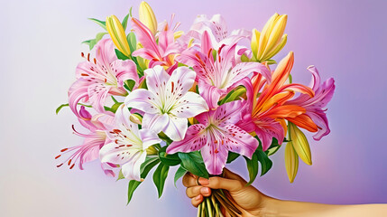 Gift hands carrying a bouquet of Alstromeria and Call