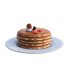 3D illustration of several pancakes on a white plate, with strawberries, chocolate and whipped cream, on isolated background.