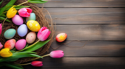 Fototapeta na wymiar Easter Eggs - Painted Decoration In Nest With Tulips On Natural Wooden Plank