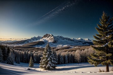 Majestic snow-capped mountains under a starry night sky - obrazy, fototapety, plakaty