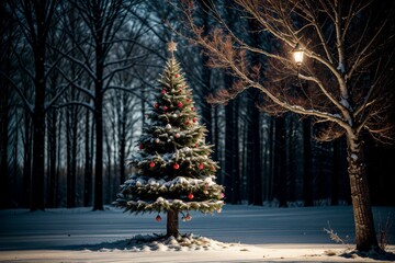 Peaceful winter night landscape with decorated Christmas tree