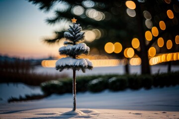 Golden Hour Winter Scene with Snow-Covered Christmas Tree