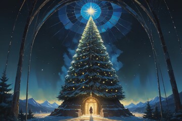 Magical Winter Night Scene with Illuminated Christmas Tree Under Intricate Archway - obrazy, fototapety, plakaty