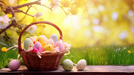 Easter Eggs In Basket On Aged Wooden Table In Spring Garden With Sunlight