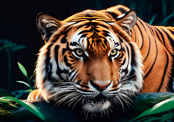 Art life of tiger in nature, block print style. Generative AI
