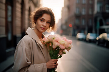 Fototapeta premium A happy young woman with a bouquet of roses walks along a city street.