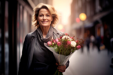 Fototapeta premium happy fifty-year-old woman with a bouquet of roses walks along a city street.