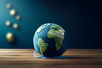 A ball of wool in the shape of an earth. Concept on the theme of environment and nature.