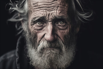 Close up portrait of a sad old man looking at the camera, generative ai 