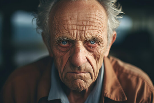 Close up portrait of a sad old man looking at the camera, generative ai 