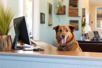 A funny dog sits at the reception desk in a veterinary clinic.