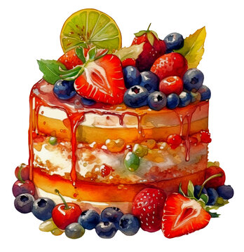 Watercolor illustration of a cake with fruits. Transparent background, png. Ai generated.