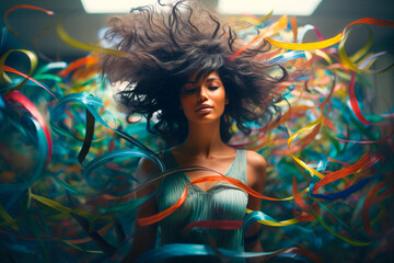 Portrait of a woman with tousled flying hair surrounded by flying colored ribbons.