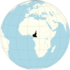 Cameroon is shown in the center of the orthographic projection of the world map. It lies on the Gulf of Guinea, and is a Central African country