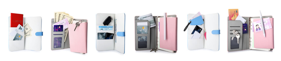 Set of travel organizers with different things on white background