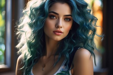 Fototapeta premium Portrait of a woman with blue hair