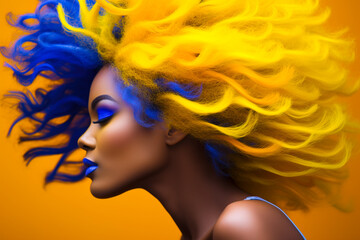 Glamorous portrait of an African American woman with a crazy blue and yellow hairstyle, bright makeup on a bright colored background.