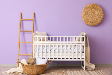 Fototapeta na wymiar Interior of children's room with crib, ladder and basket