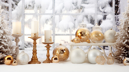 Cozy window view gold christmas decoration candle holders and glass baubles 