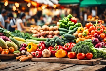 market with a colorful variety of fresh fruits and vegetables under soft light.
