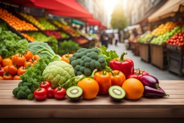 market with a colorful variety of fresh fruits and vegetables under soft light.
