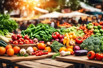 Tuinposter market with a colorful variety of fresh fruits and vegetables under soft light.  © marsone