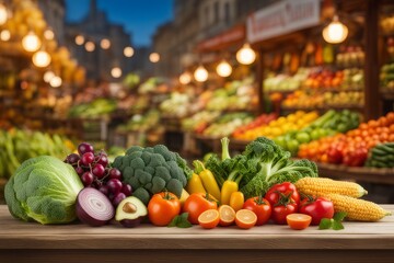 market with a colorful variety of fresh fruits and vegetables under soft light.
