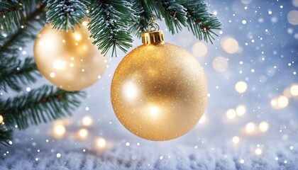 Obraz na płótnie Canvas goldene Weihnachtskugeln mit Schnee und Lichtern - für Weihnachtskarten, Silvesterkarten und mehr