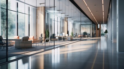 A modern office corridor with glass walls