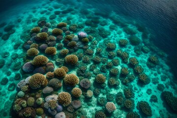 Naklejka na ściany i meble An aerial view of a coral reef in crystal clear water, showcasing a kaleidoscope of marine life