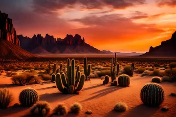 Foto op Canvas A fiery sunset over a desert landscape with cacti and rugged mountains in the background © mominita