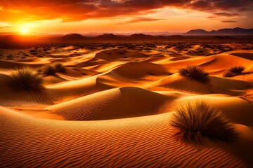 Fototapeta na wymiar A desert scene with towering sand dunes under a blazing sunset