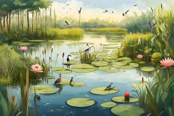 A lush wetland with water lilies, reeds, and a variety of birds in the background