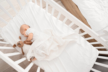Little cute baby with toy sleeping in crib at home