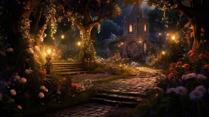 A twilight garden with illuminated pathways and softly lit floral arrangements creating a magical and enchanting ambiance as the day transitions to night