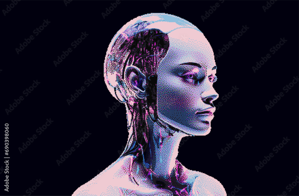 Poster pixel art of an artificial robotic humanoid head with wires coming from the skull.